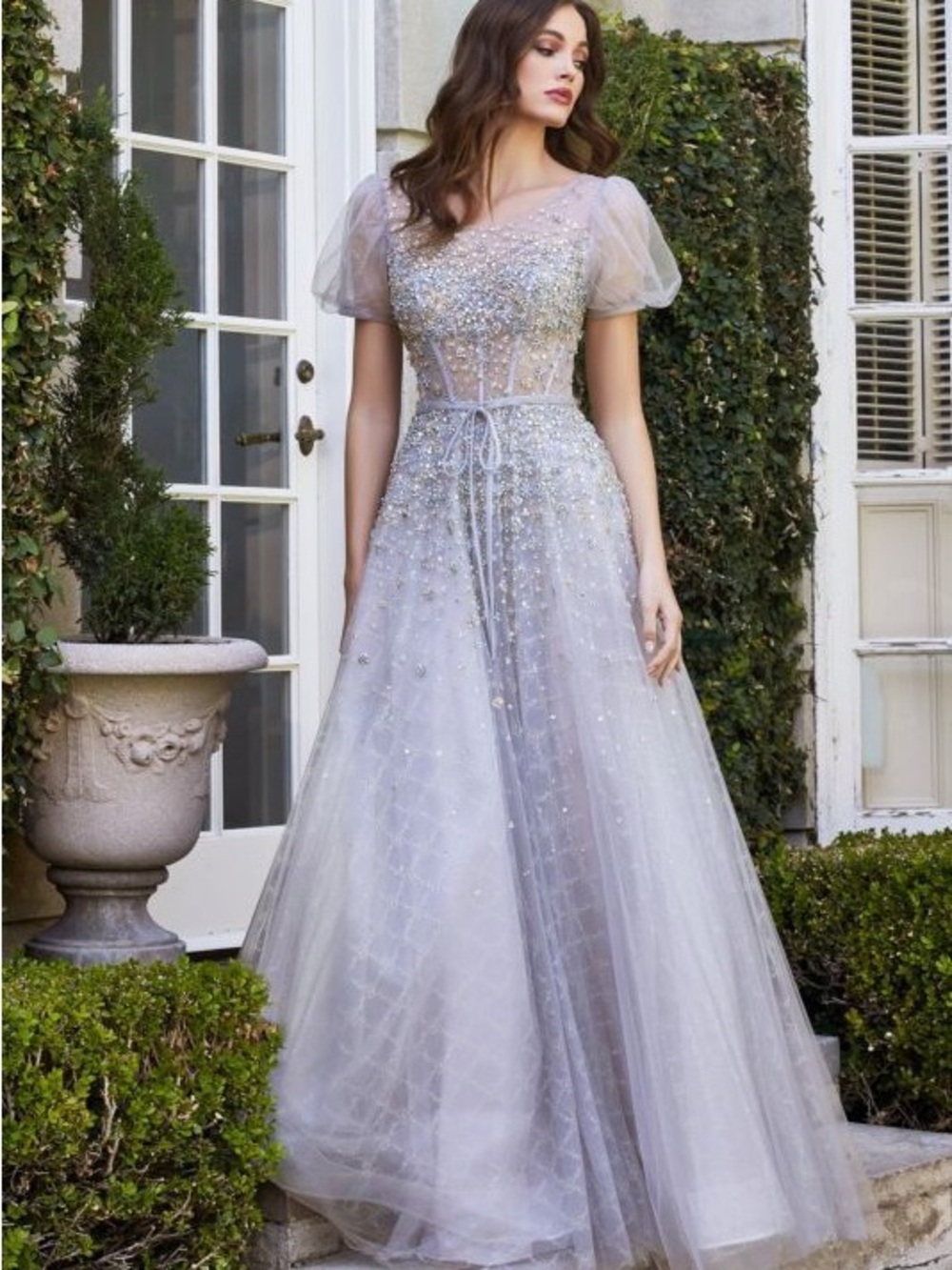Cinderella Divine B708: Silver Embellished Tulle Maxi Dress with Puff Sleeves